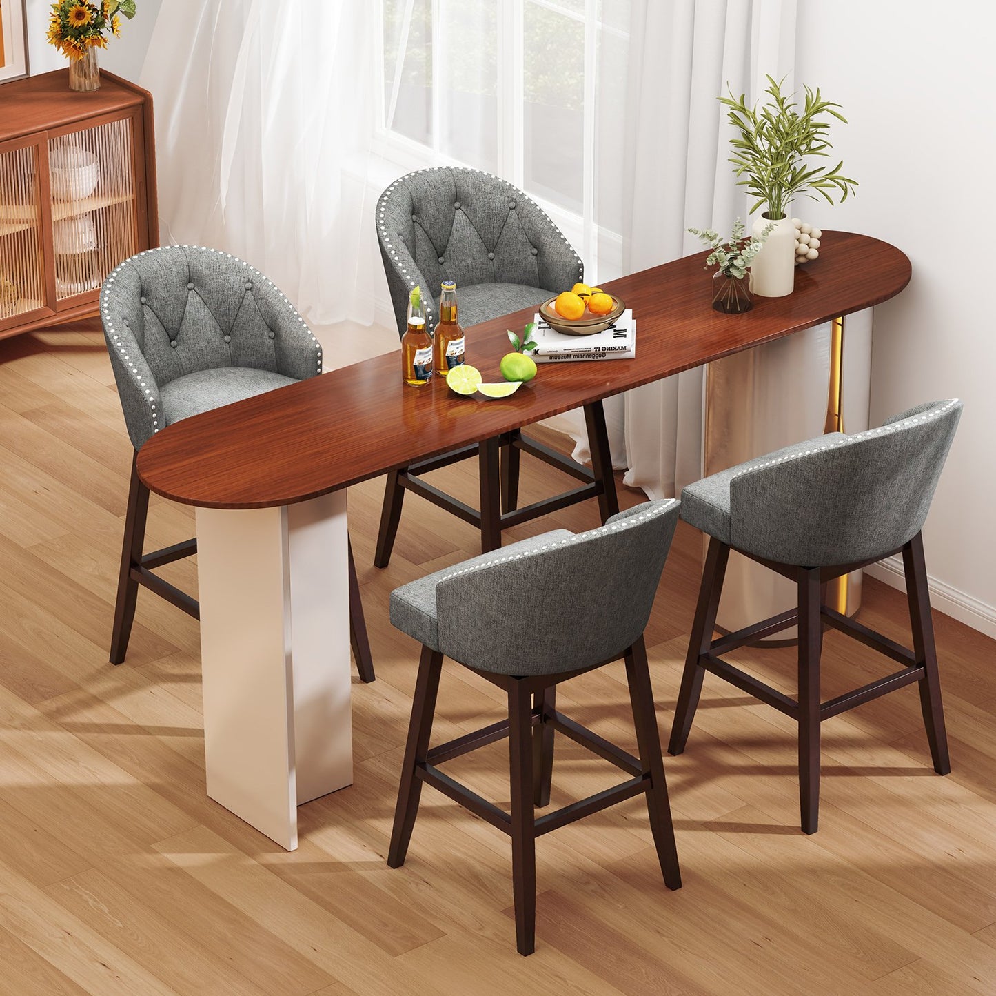 Set of 2 Swivel Bar Stools Tufted Bar Height Pub Chairs with Rubber Wood Legs-Beige
