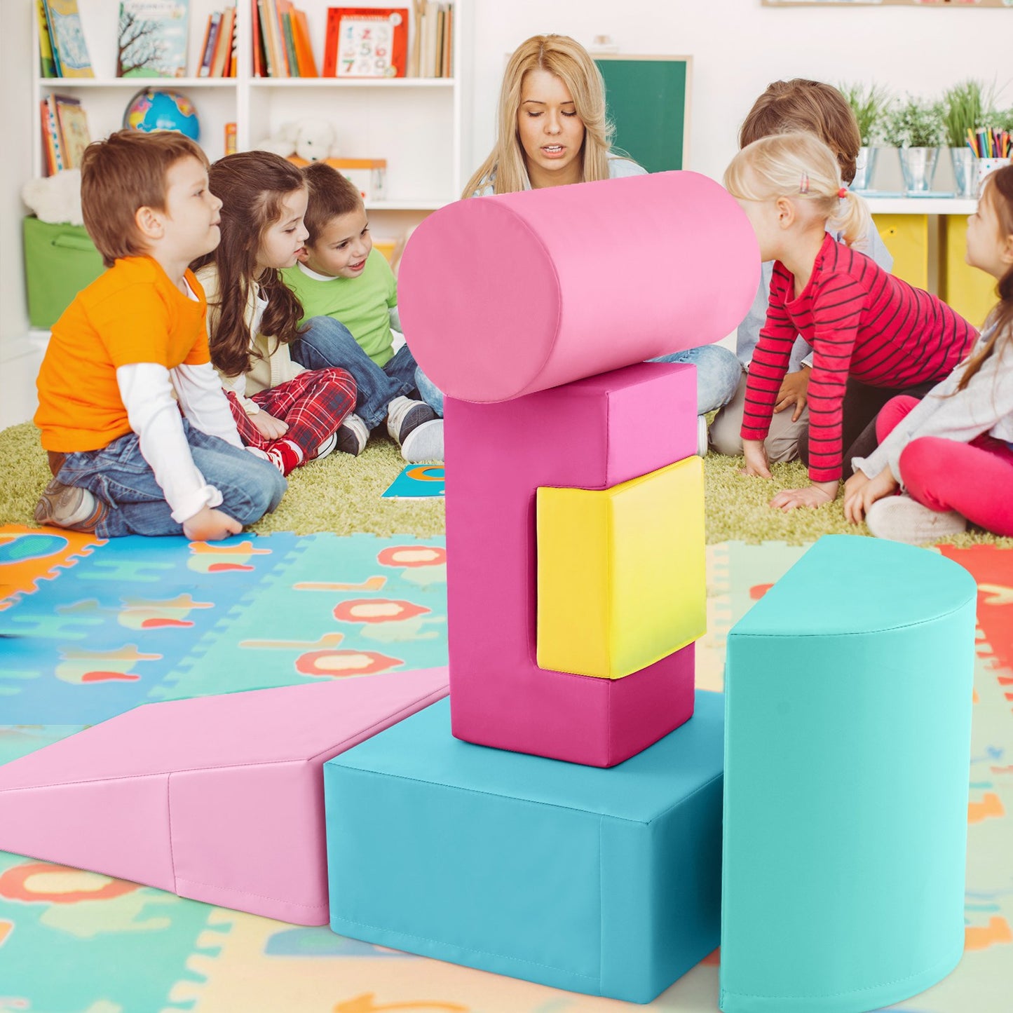 6 Pieces Foam Climbing Blocks Indoor Climb and Crawl Activity Playset with Rectangles-Green