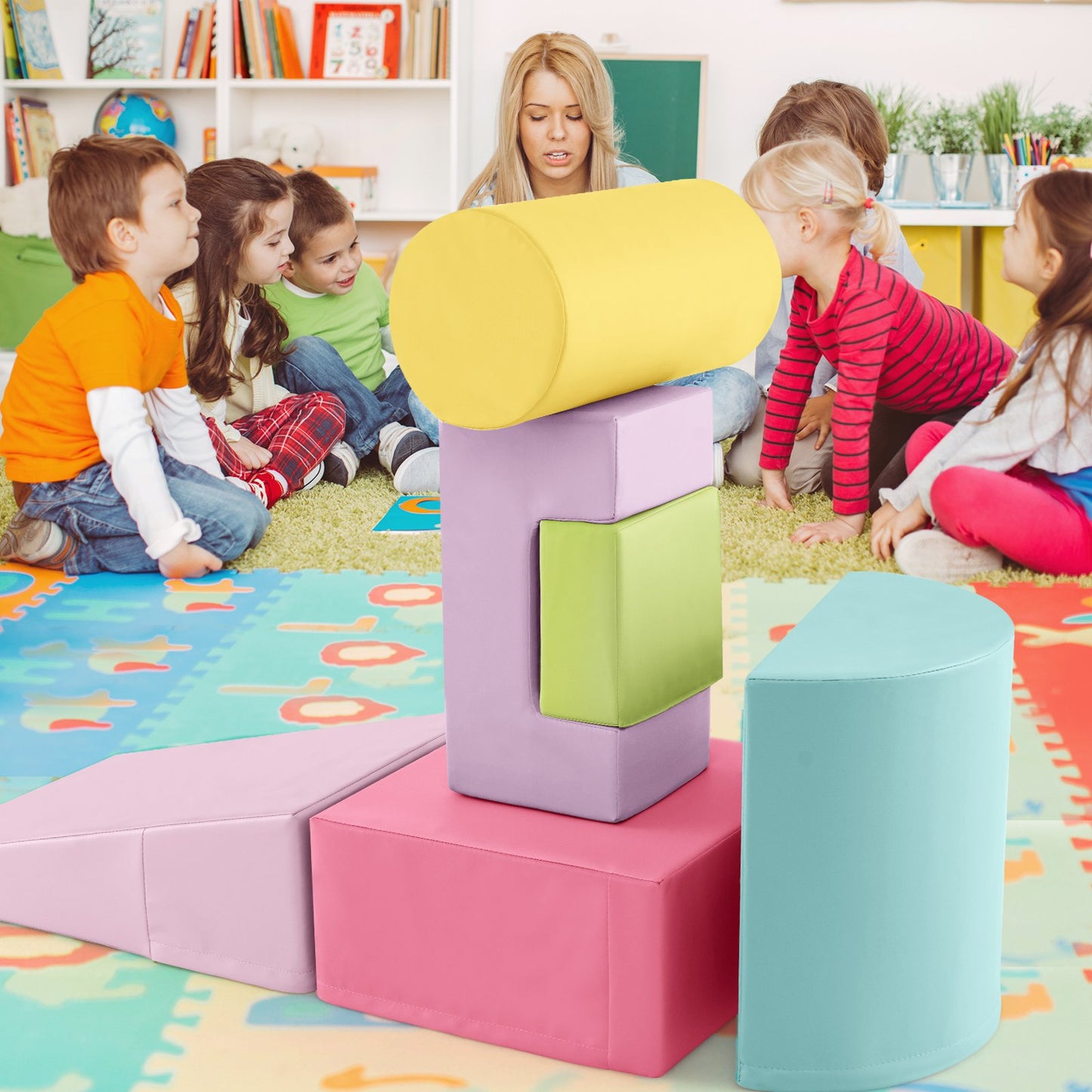 6 Pieces Foam Climbing Blocks Indoor Climb and Crawl Activity Playset with Rectangles-Green