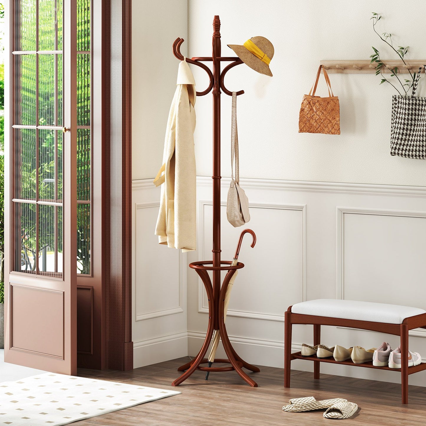 Wood Standing Hat Coat Rack w/ Umbrella Stand-Black