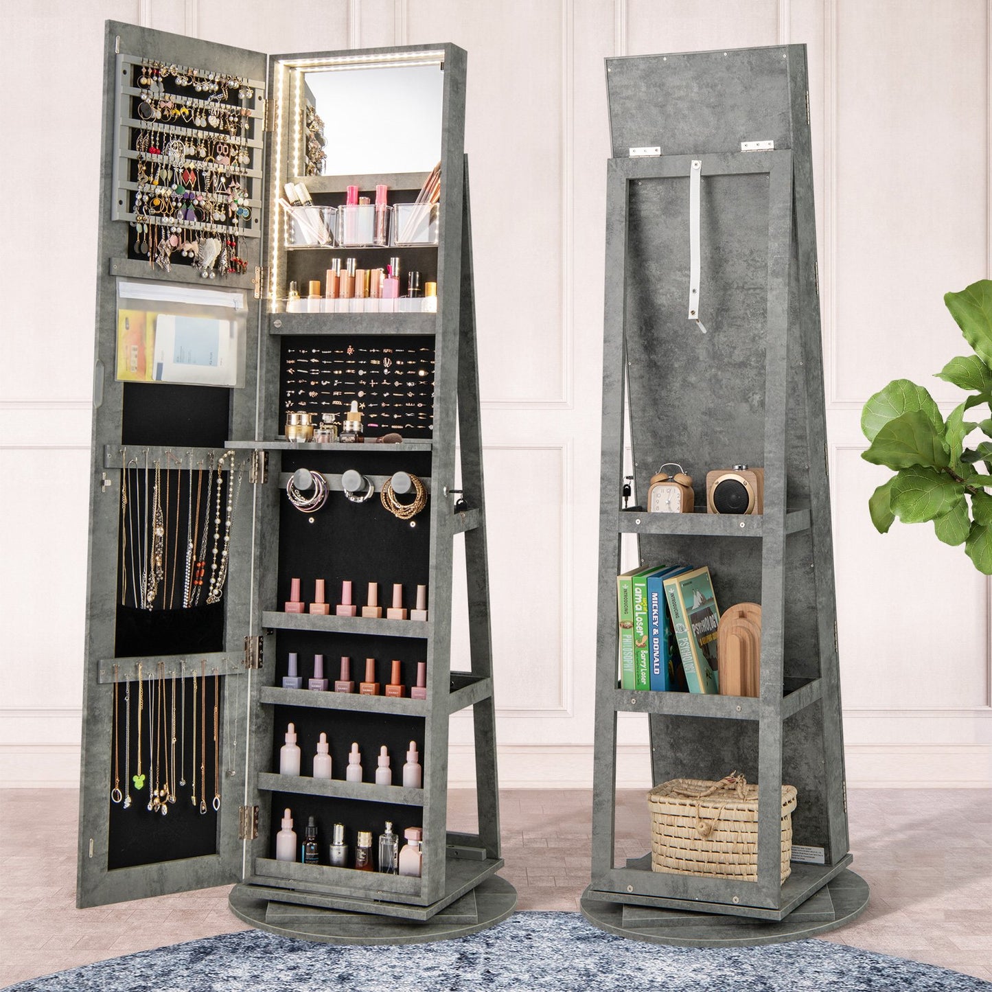 360° Rotating Mirrored Jewelry Cabinet Armoire 3 Color LED Modes Lockable-Black