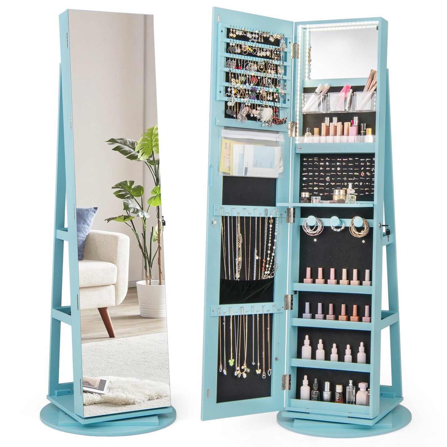 360° Rotating Mirrored Jewelry Cabinet Armoire 3 Color LED Modes Lockable-Black