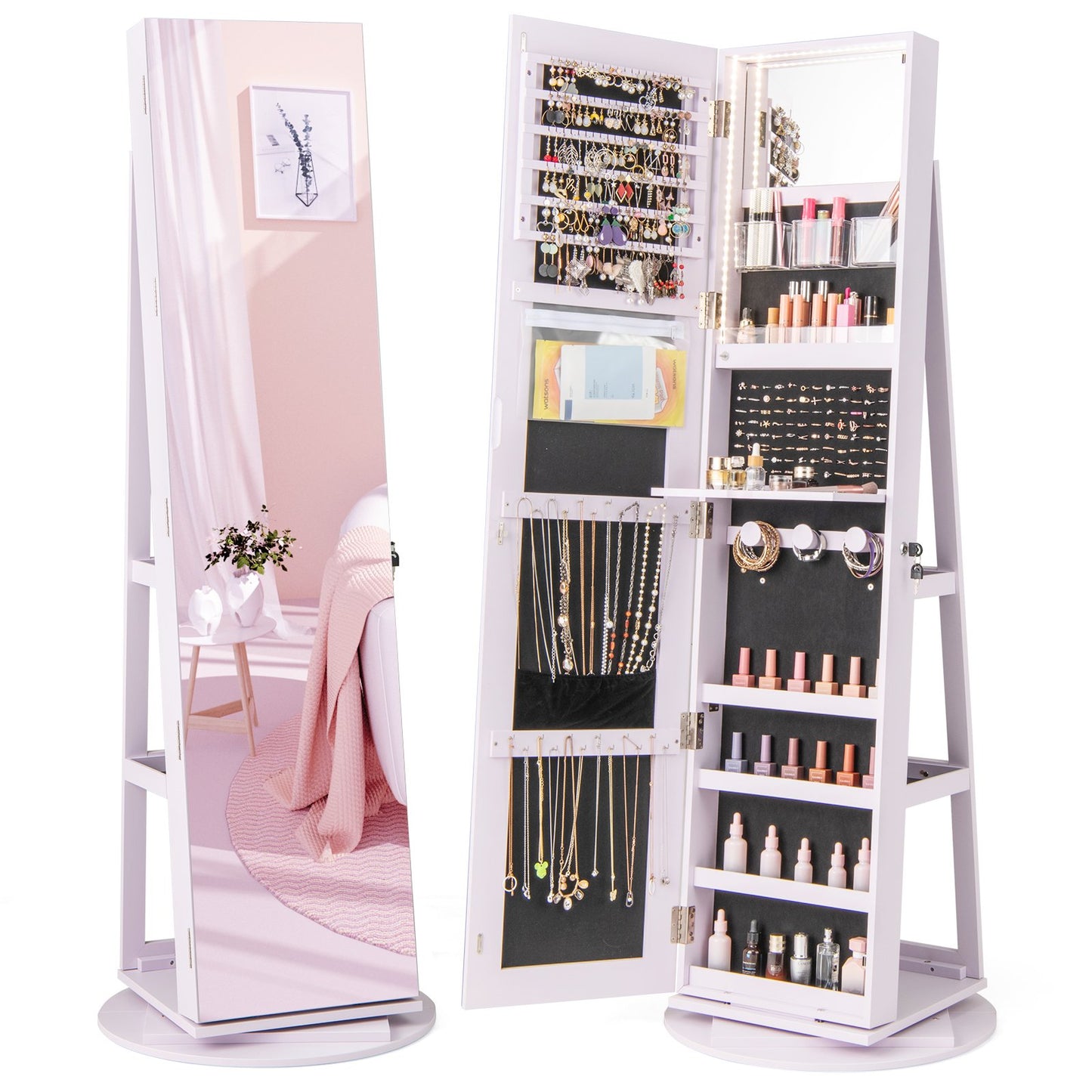 360° Rotating Mirrored Jewelry Cabinet Armoire 3 Color LED Modes Lockable-Black