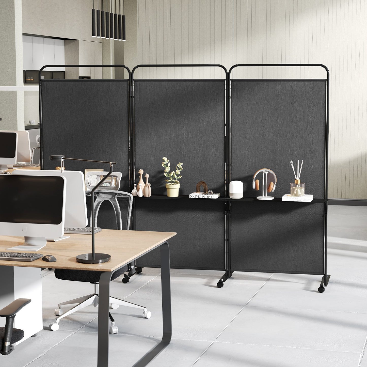 3-Panel Folding Room Divider with 3 Metal Shelves and Lockable Wheels-White