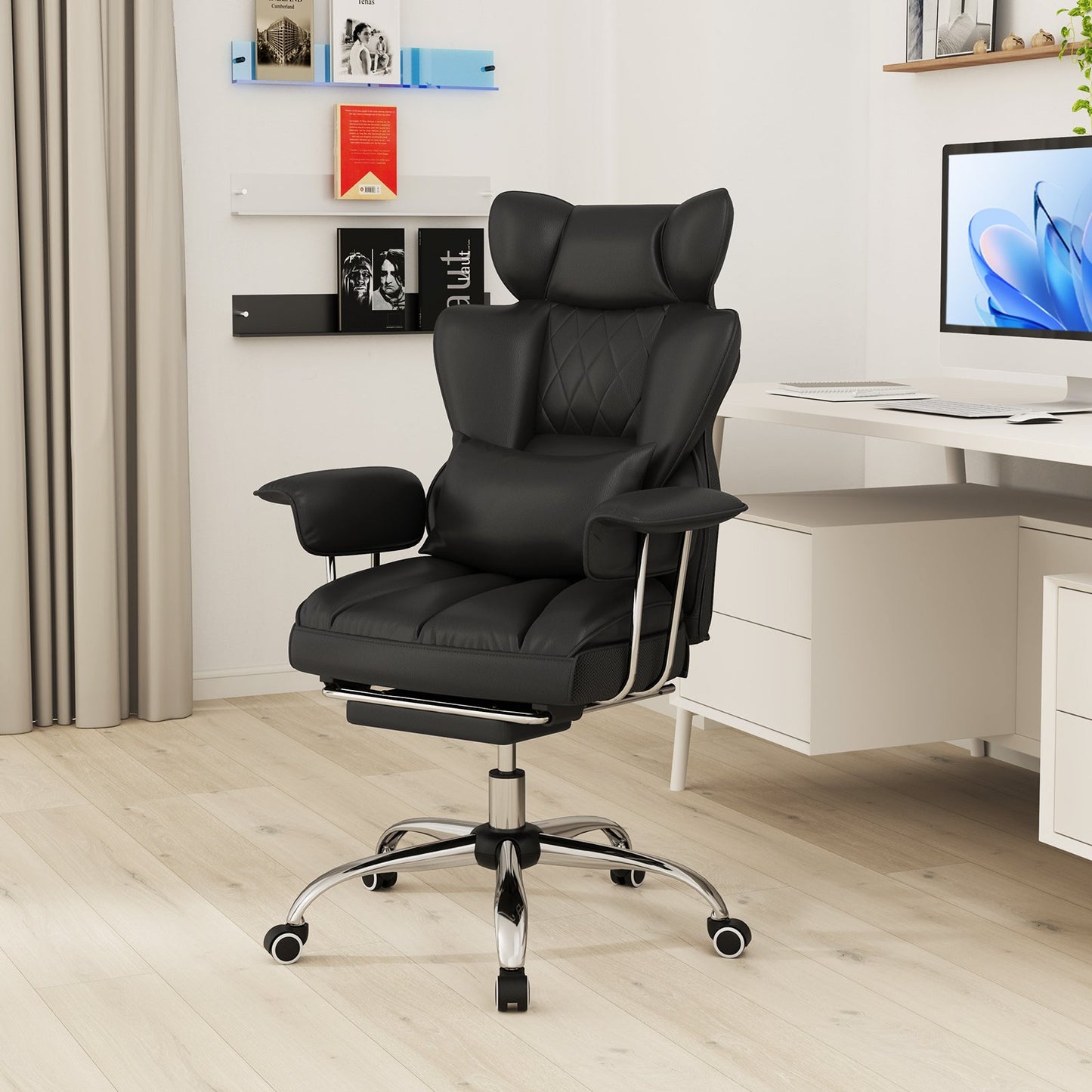 Big and Tall Executive Office Desk Chair with Footrest and Lumbar Support-Black