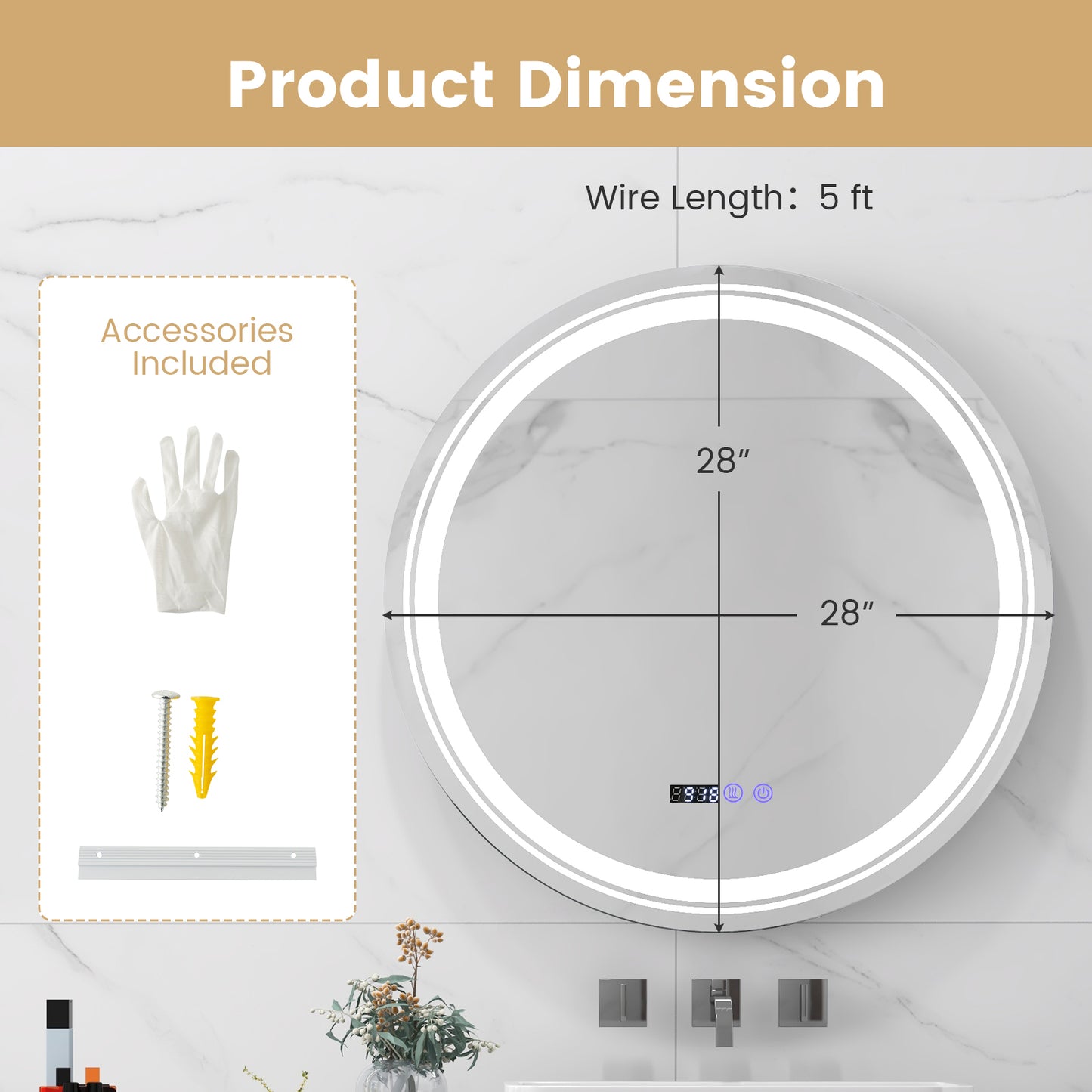 Round LED bathroom mirror with anti-fog feature and adjustable three-color lighting, wall-mounted decor by Wilsons Home Store
