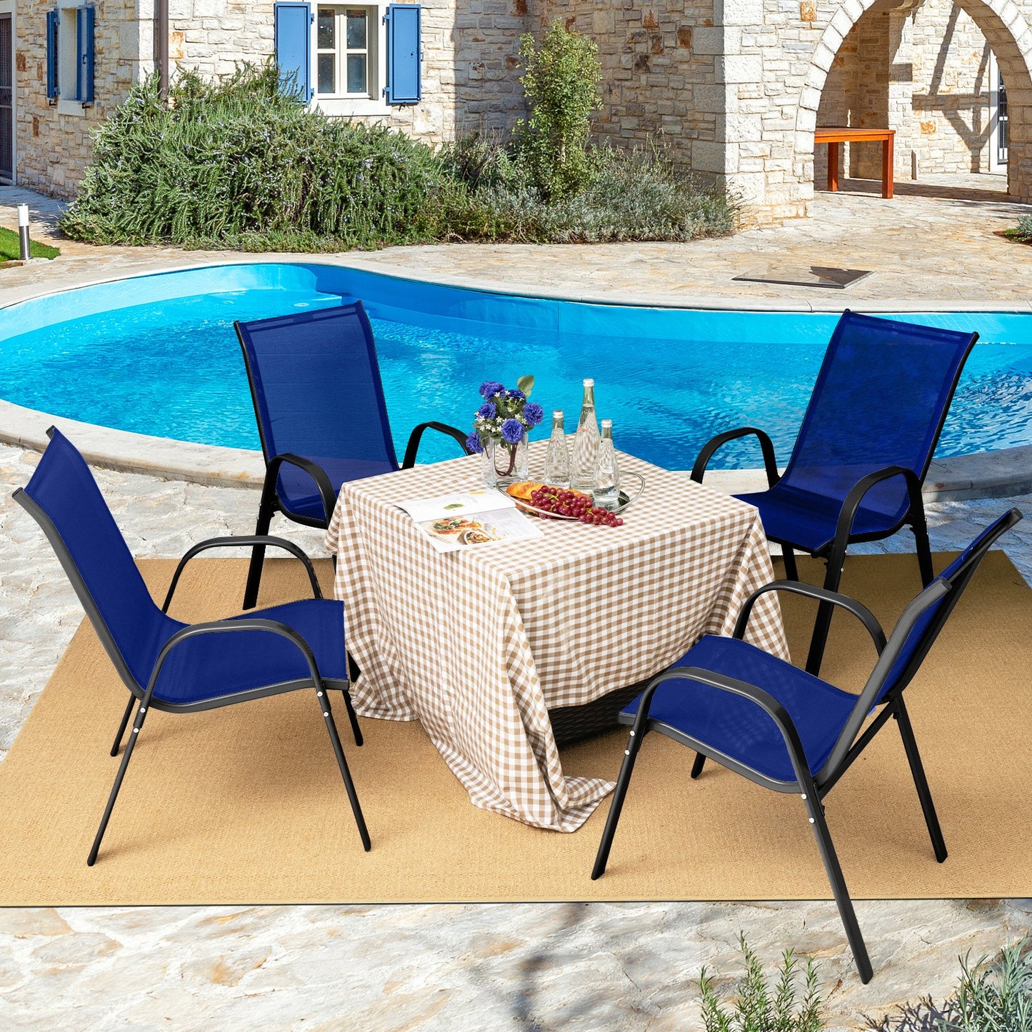 4 Pieces Stackable Patio Dining Chairs Set with Armrest-Black