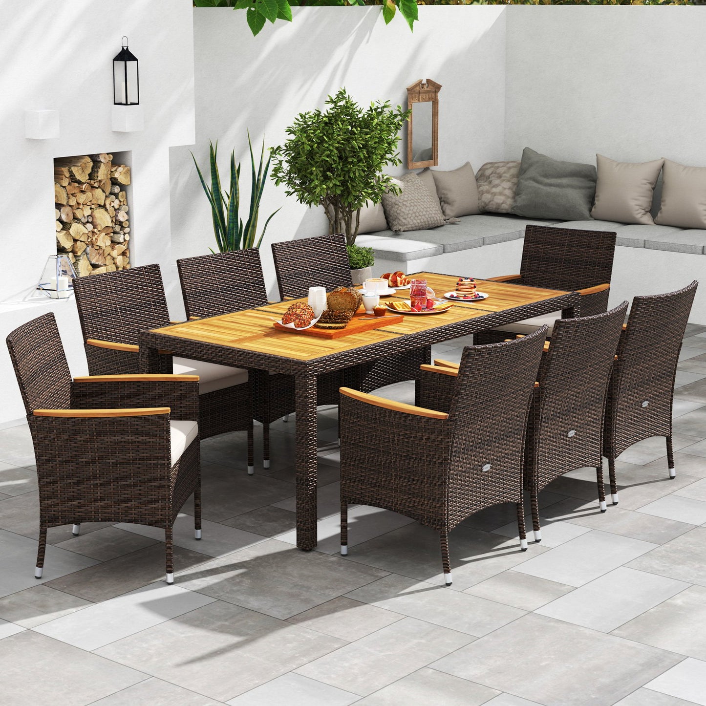 9 Piece Outdoor Dining Set with Acacia Wood Table Top-Beige