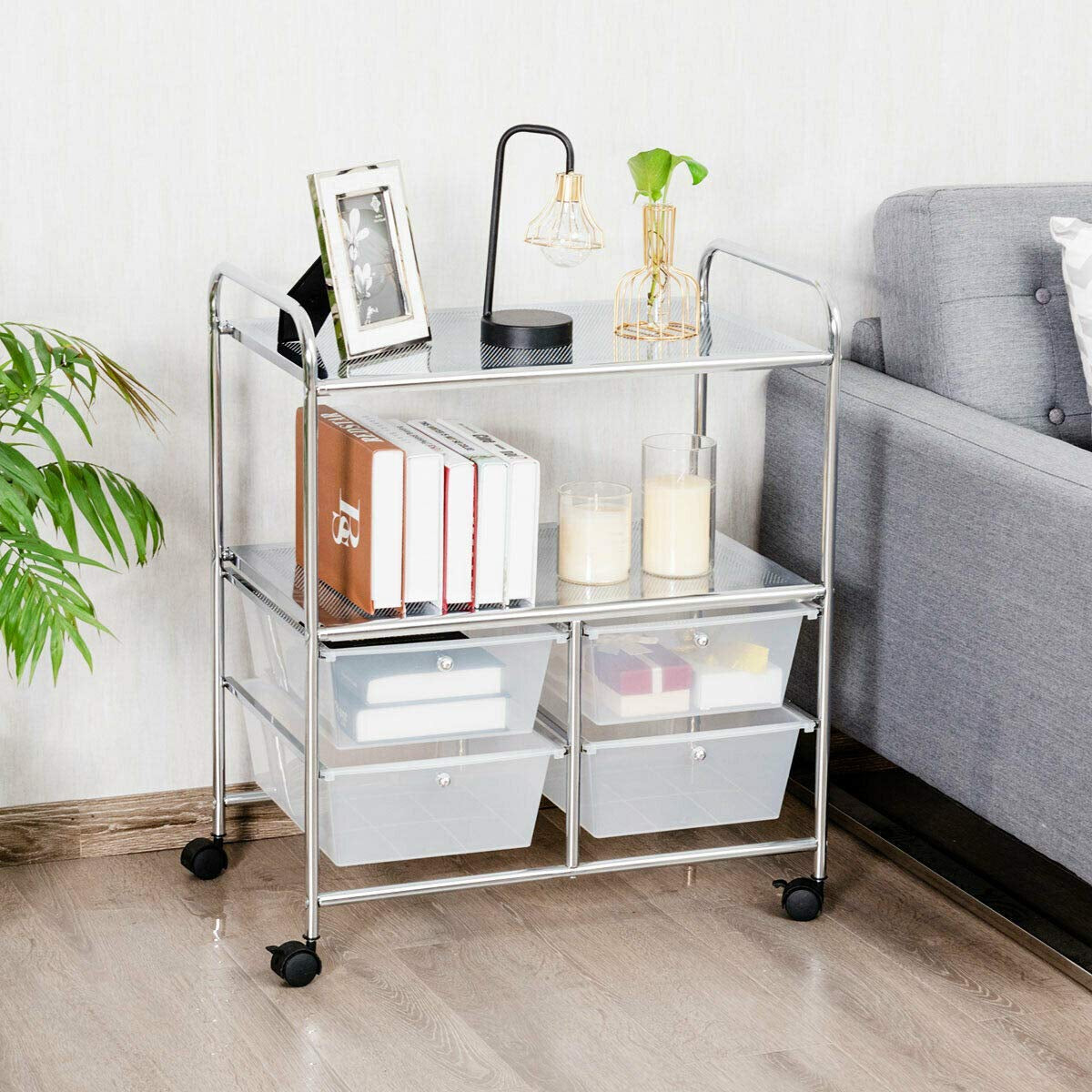 4 Drawers Shelves Rolling Storage Cart Rack-Black