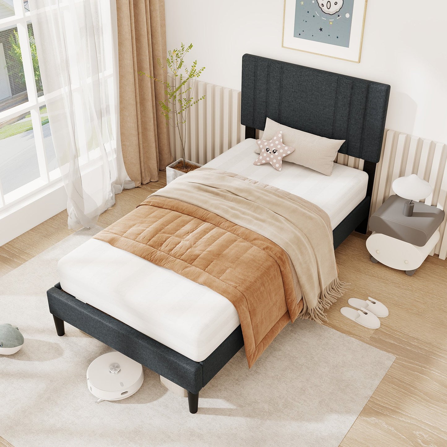 Full/Queen/Twin Size Bed Frame with Vertical Channel Tufted Headboard and Wooden Slats-Queen Size