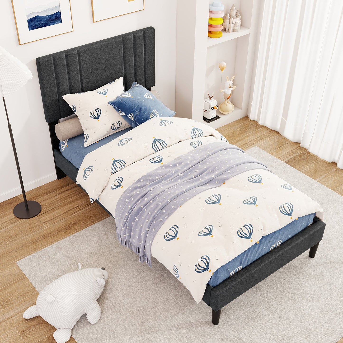 Full/Queen/Twin Size Bed Frame with Vertical Channel Tufted Headboard and Wooden Slats-Queen Size