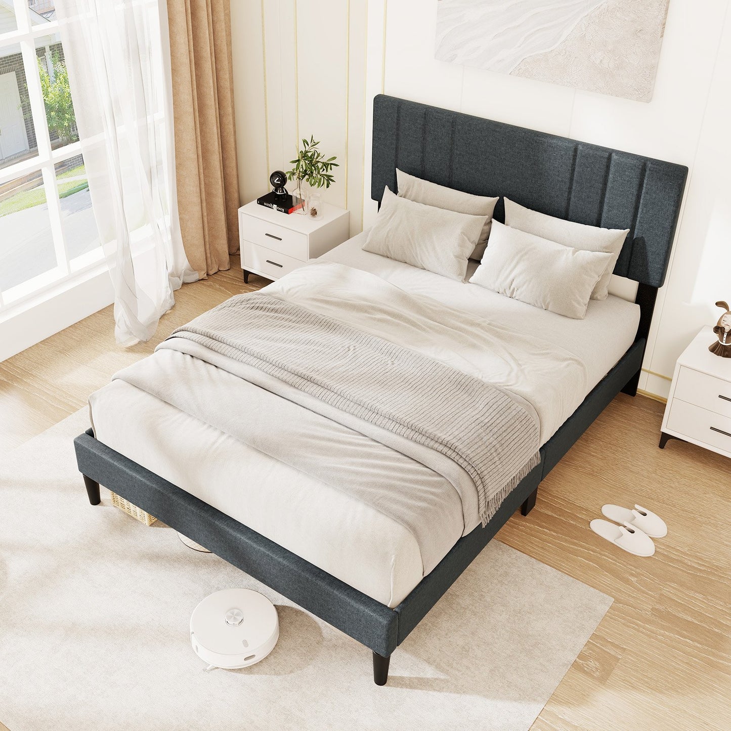 Full/Queen/Twin Size Bed Frame with Vertical Channel Tufted Headboard and Wooden Slats-Queen Size
