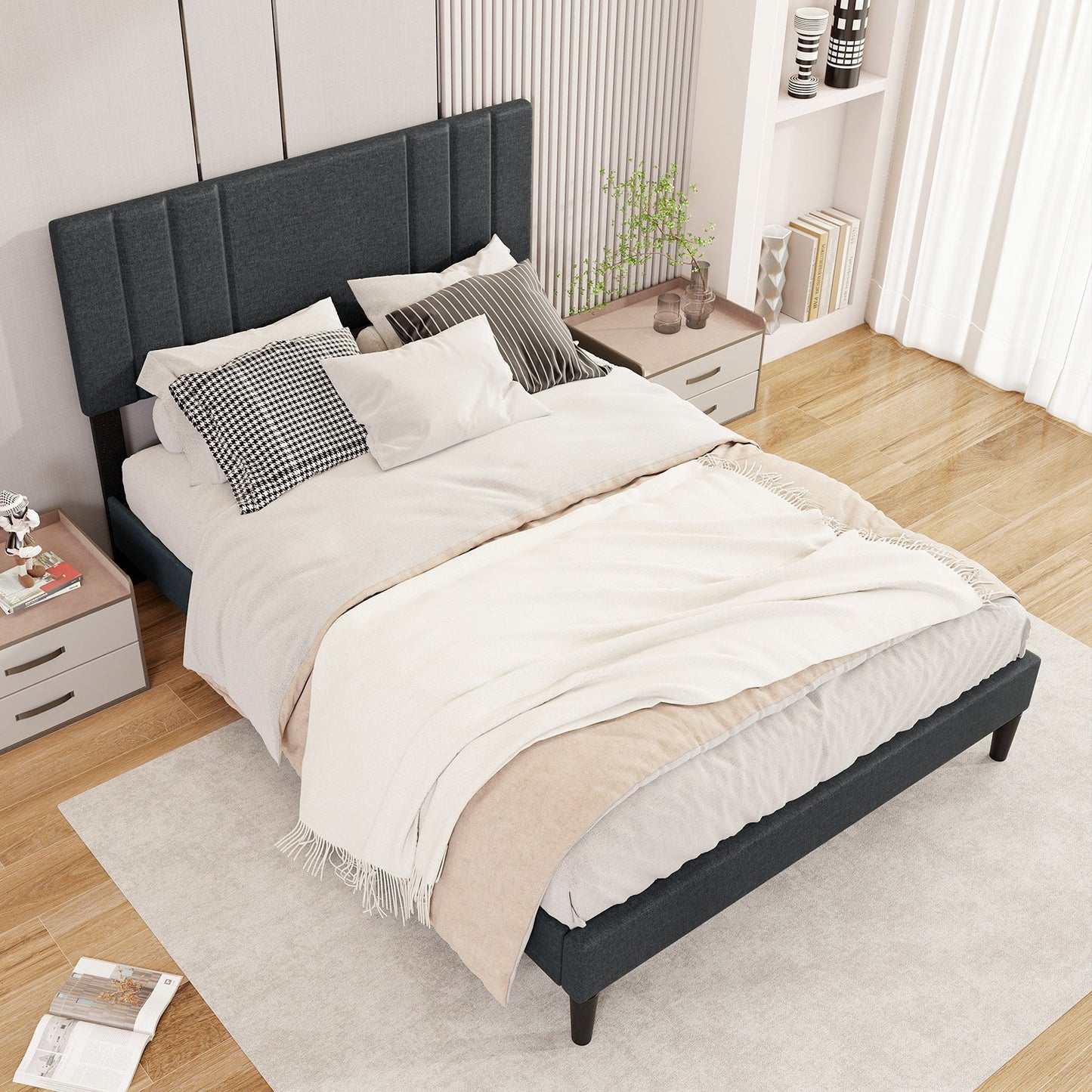 Full/Queen/Twin Size Bed Frame with Vertical Channel Tufted Headboard and Wooden Slats-Queen Size