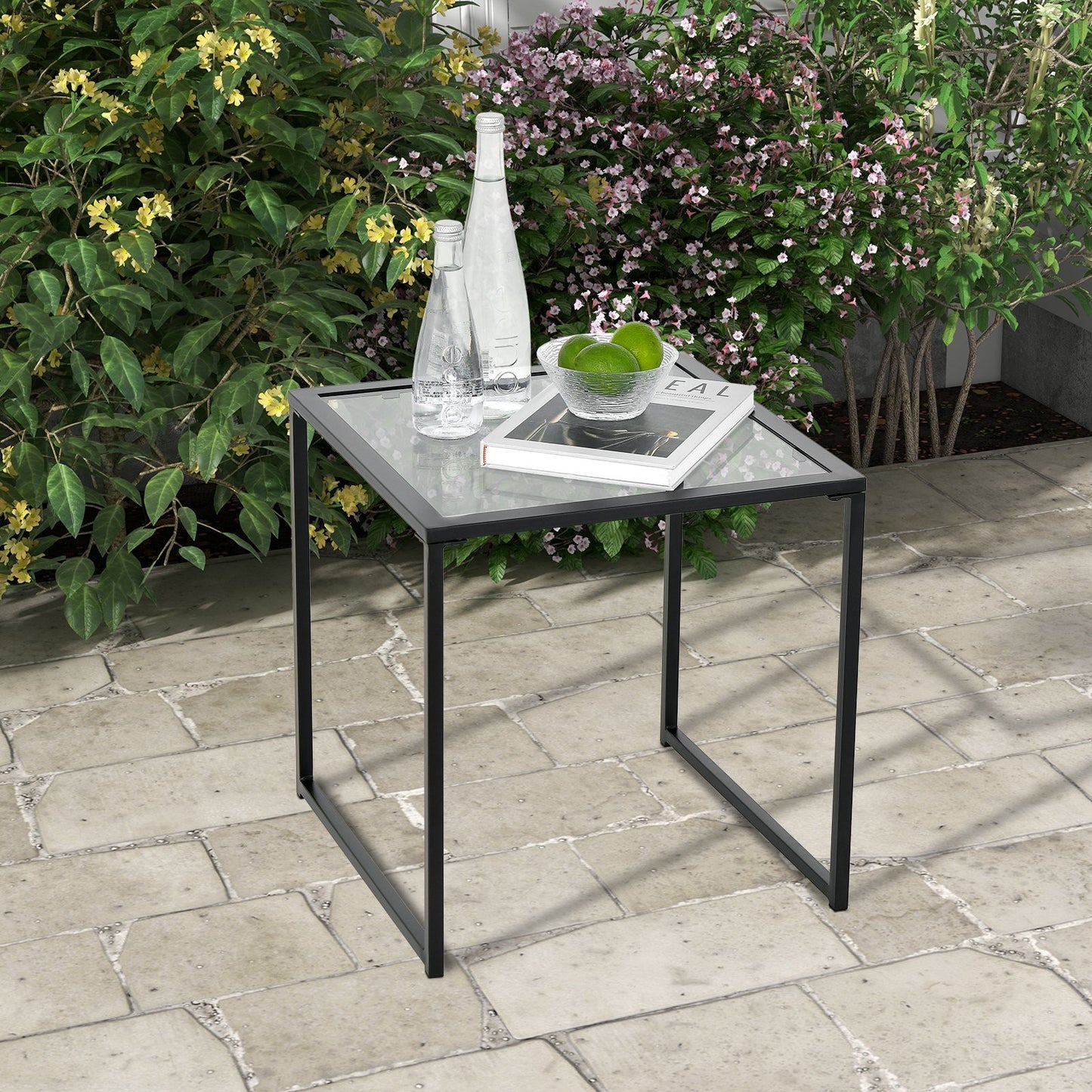 Tempered Glass Side Table with Metal Frame for Indoor and Outdoor
