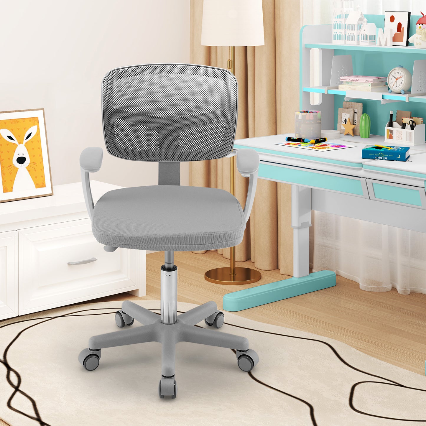 Adjustable Desk Chair with Auto Brake Casters for Kids-Blue