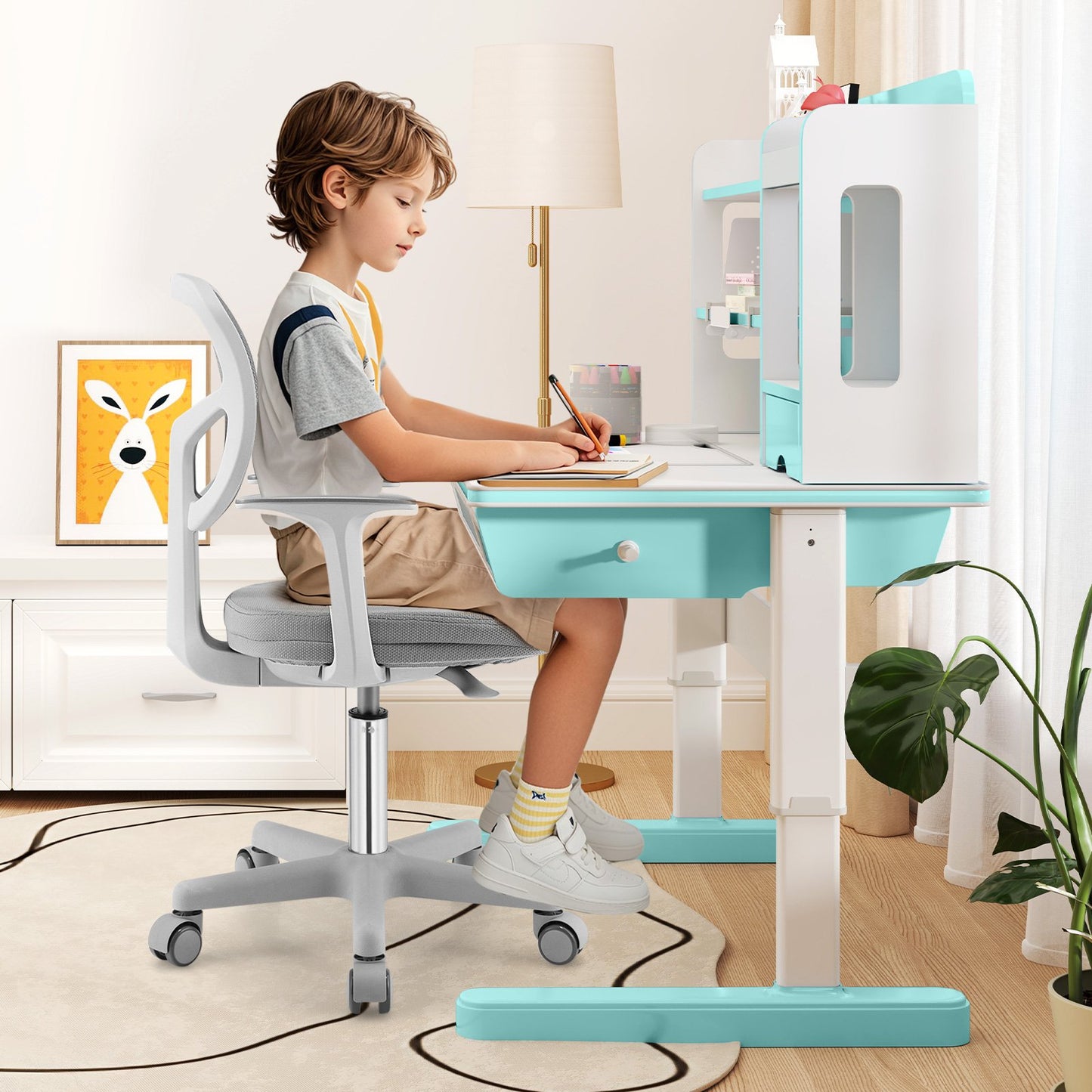 Adjustable Desk Chair with Auto Brake Casters for Kids-Blue