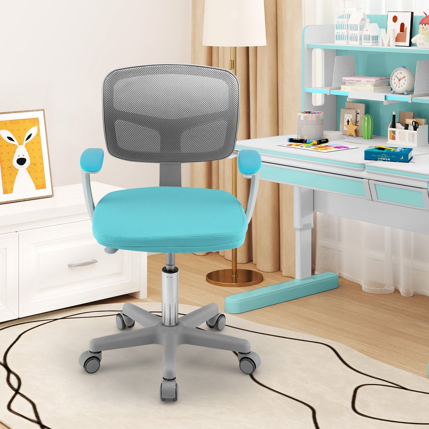 Adjustable Desk Chair with Auto Brake Casters for Kids-Blue