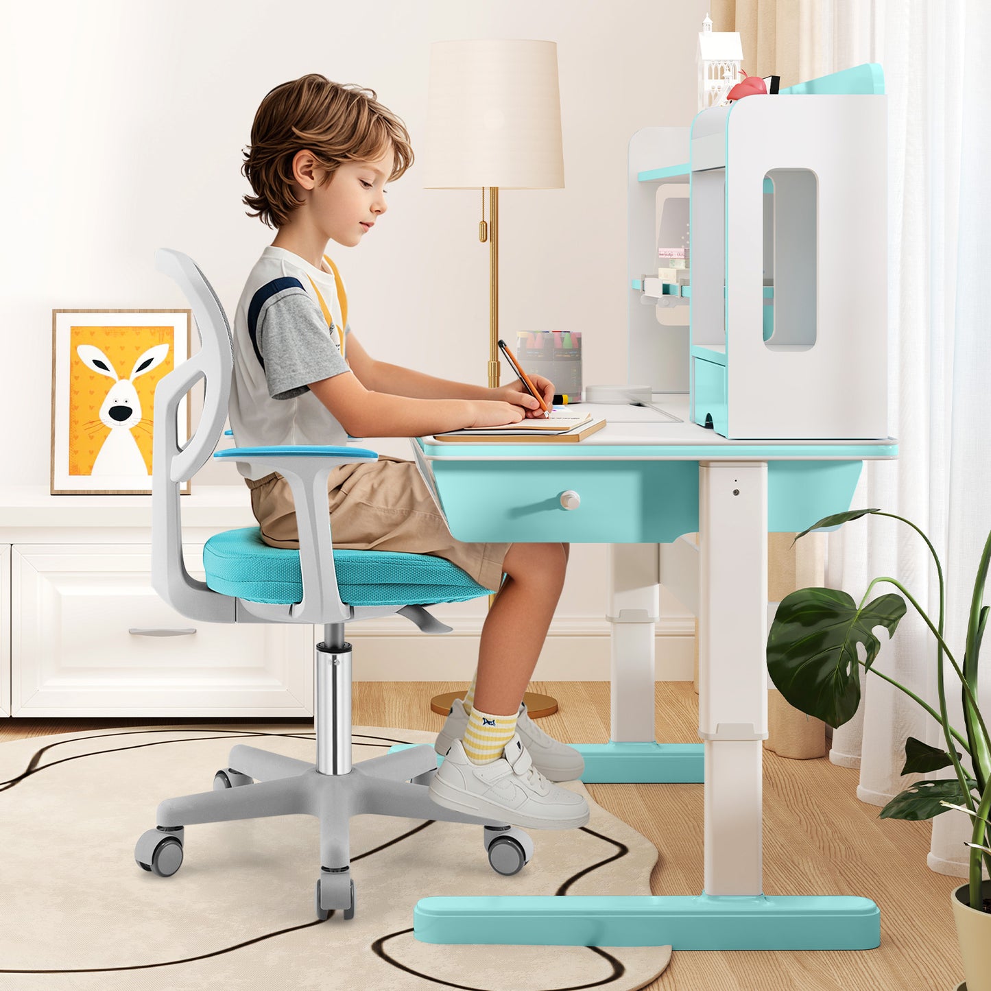 Adjustable Desk Chair with Auto Brake Casters for Kids-Blue