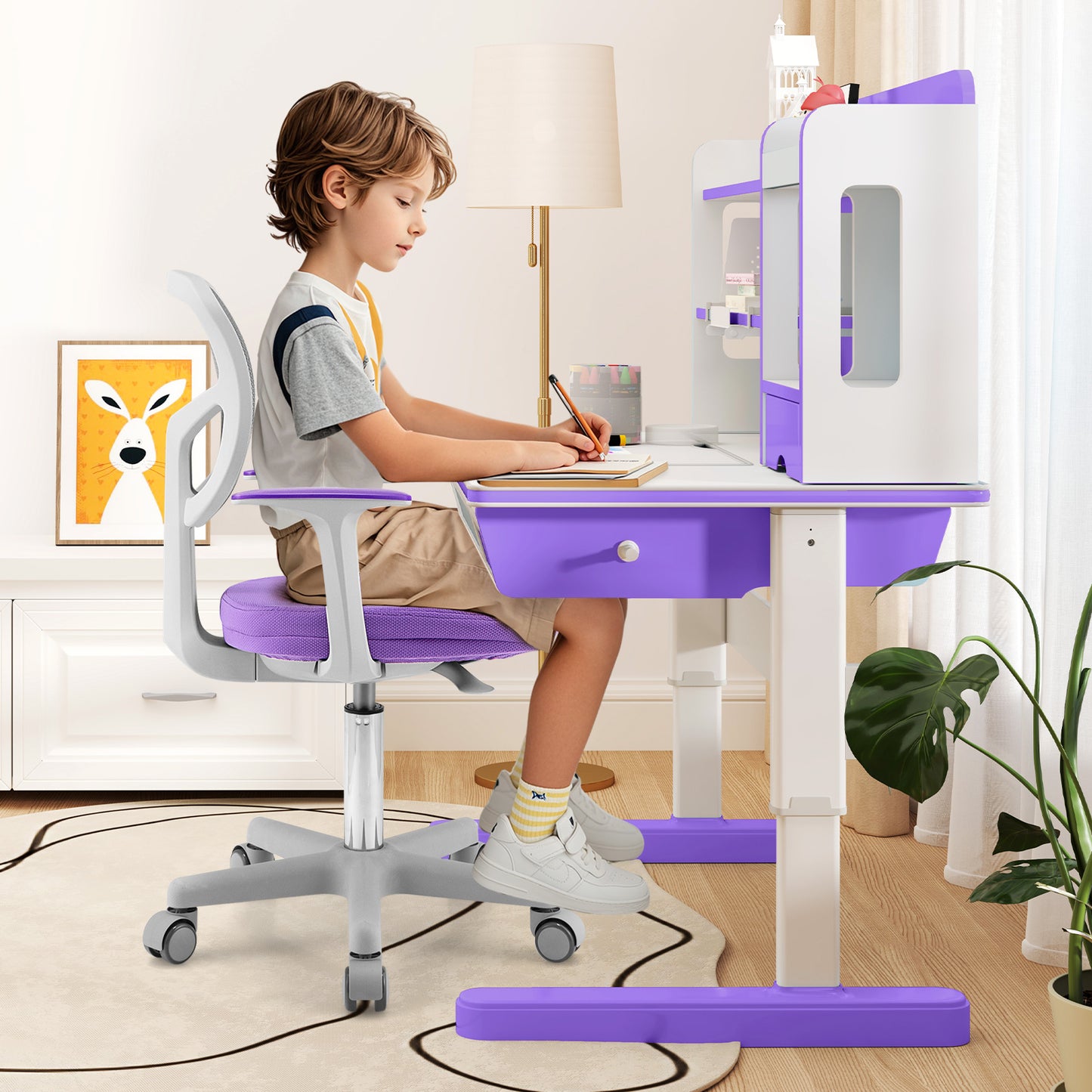 Adjustable Desk Chair with Auto Brake Casters for Kids-Blue