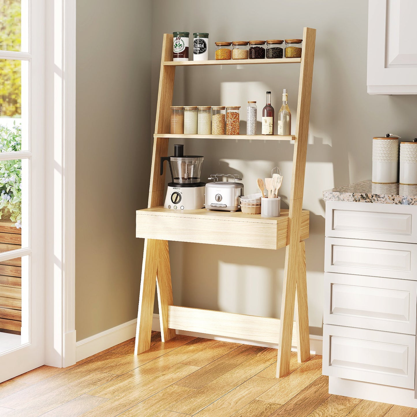 Ladder Shelf Desk Bookcase with Countertop Drawer and 2 Shelves-Gray