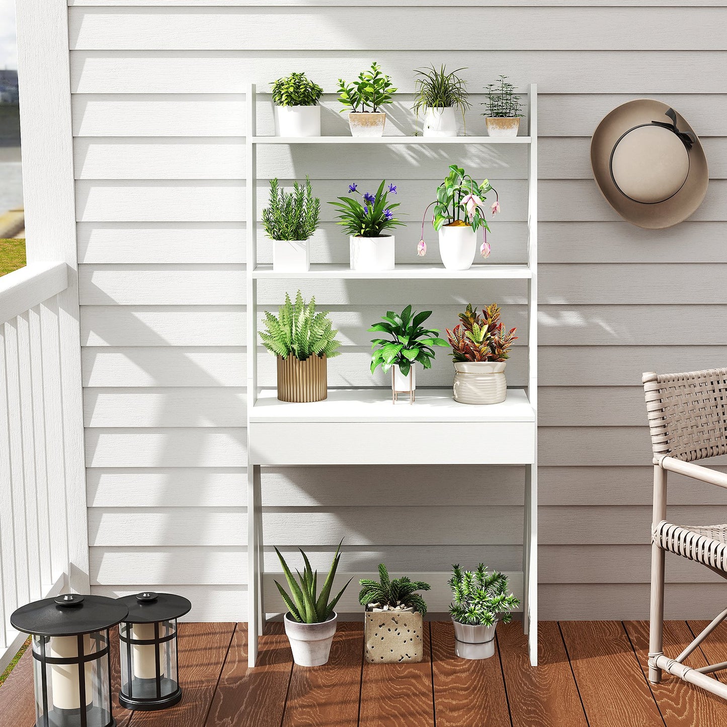 Ladder Shelf Desk Bookcase with Countertop Drawer and 2 Shelves-Gray
