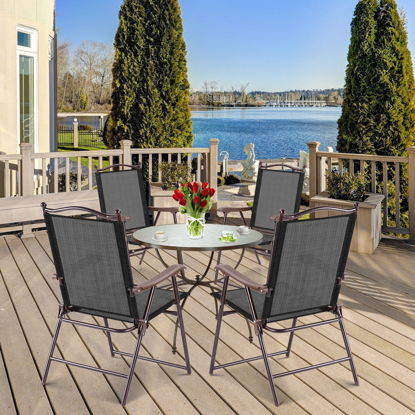 Set of 2 Patio Folding Sling Back Camping Deck Chairs-Beige