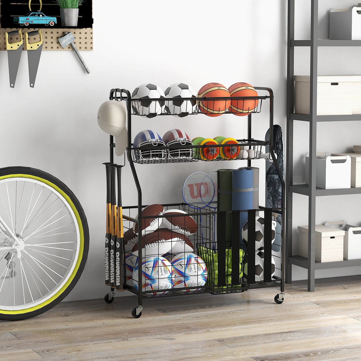 Garage Sports Equipment Organizer with Hooks & Baskets for Basketball-Black