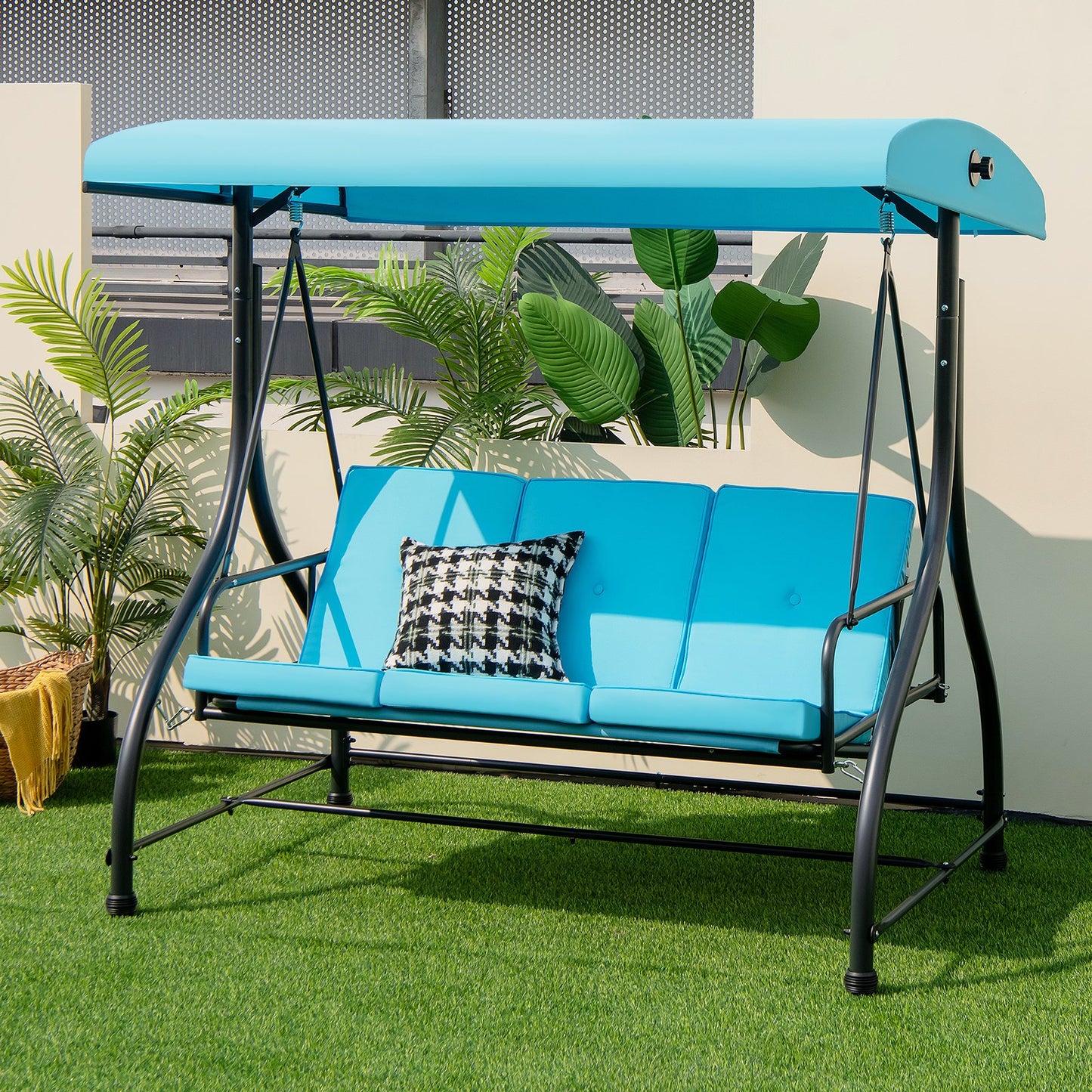 3 Seat Outdoor Porch Swing with Adjustable Canopy-Beige