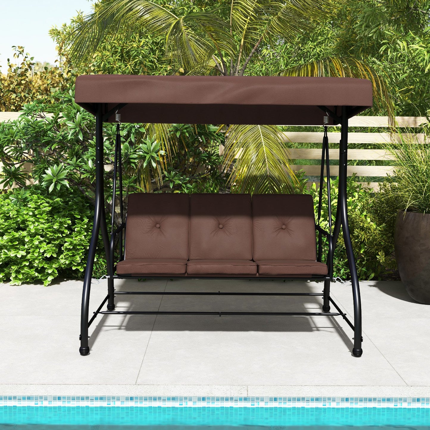 3 Seat Outdoor Porch Swing with Adjustable Canopy-Beige
