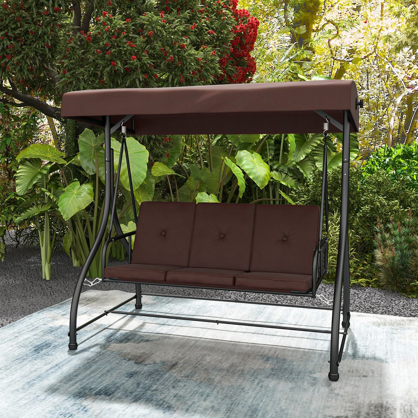 3 Seat Outdoor Porch Swing with Adjustable Canopy-Beige