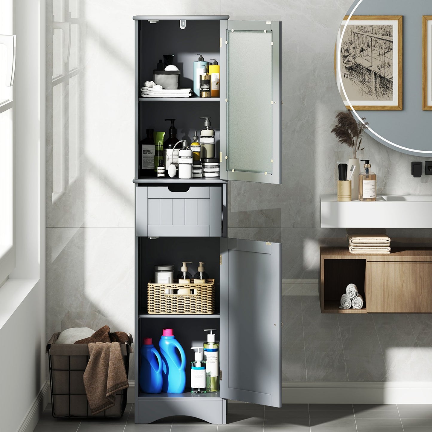 Tall Floor Storage Cabinet with 2 Doors and 1 Drawer for Bathroom-Black