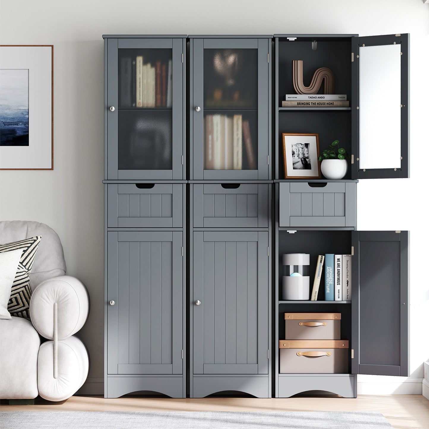 Tall Floor Storage Cabinet with 2 Doors and 1 Drawer for Bathroom-Black