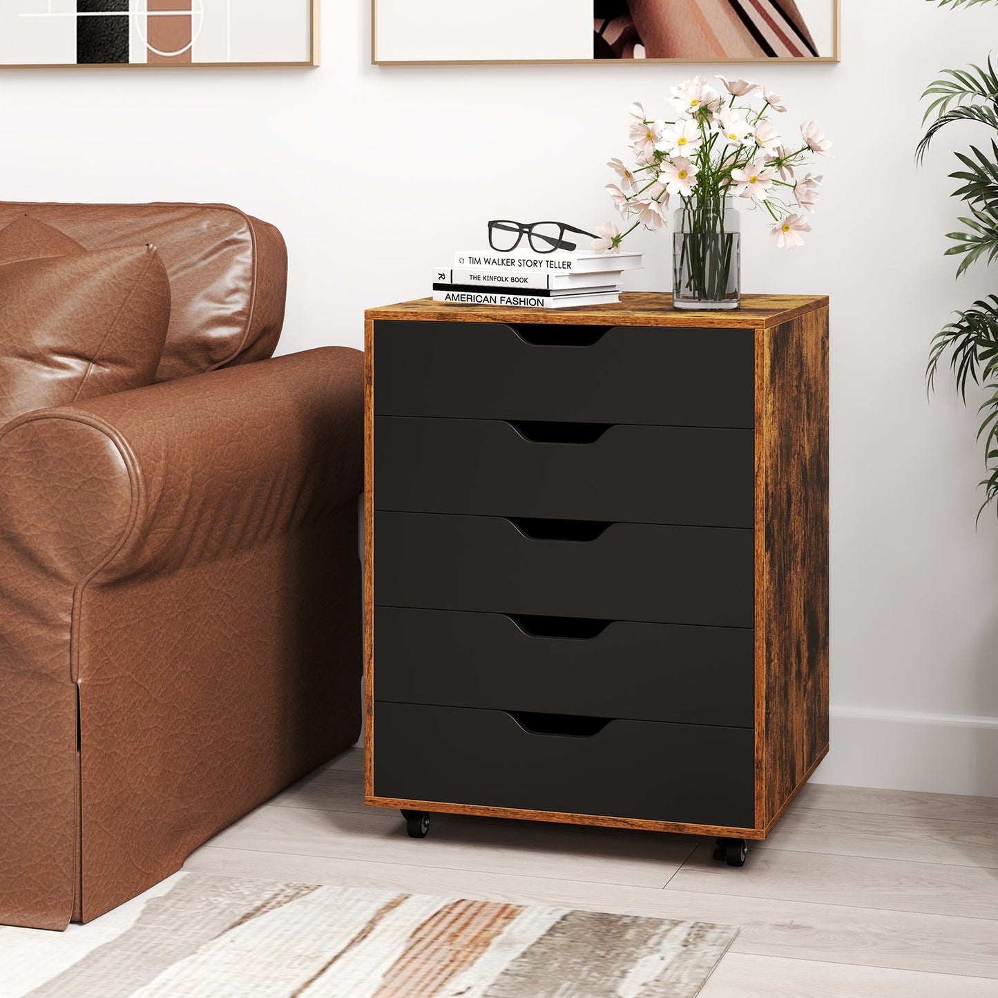 5 Drawer Mobile File Cabinet with Wheels for Living Room-Black