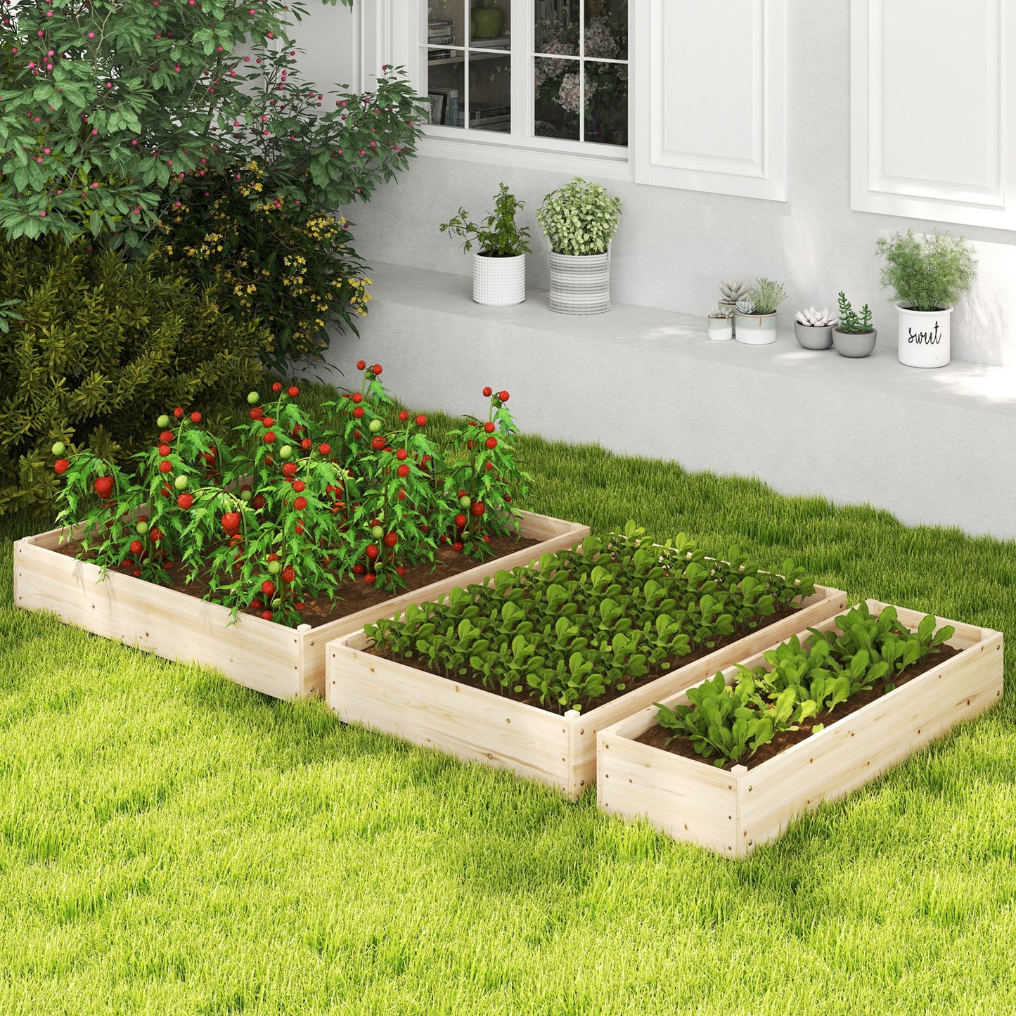 3-Tier Raised Garden Bed with Lattice Trellis and Open-Ended Base-Natural