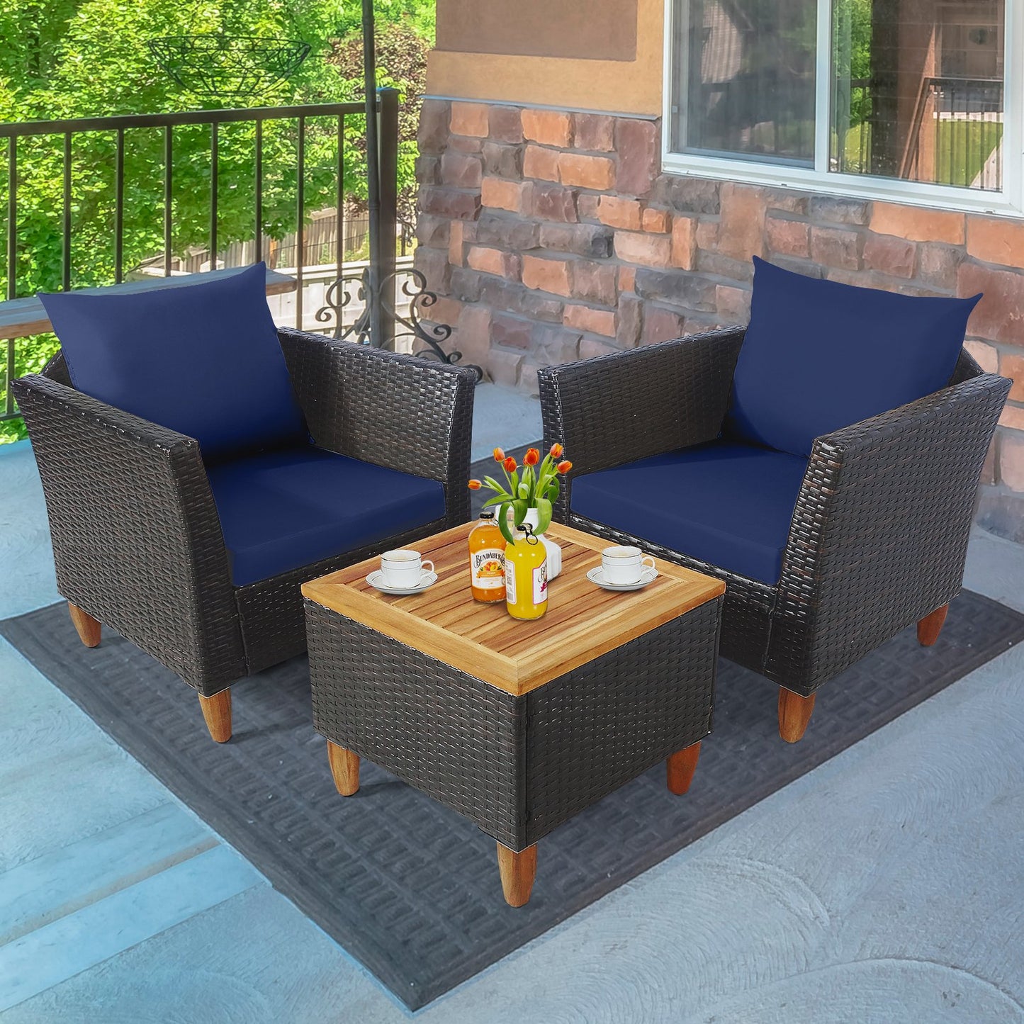 3 Pieces Patio Rattan Bistro Furniture Set-Black