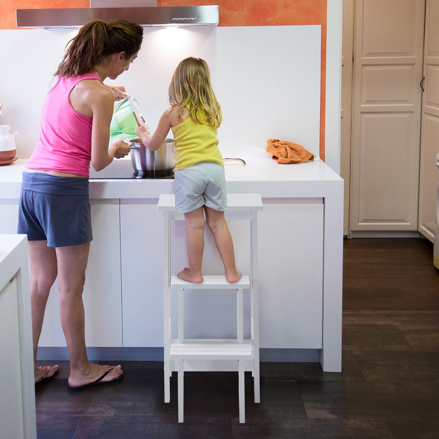 3-in-1 Rubber Wood 3 Tier Folding Step Stool Ladder Storage Shelf-Dark Brown