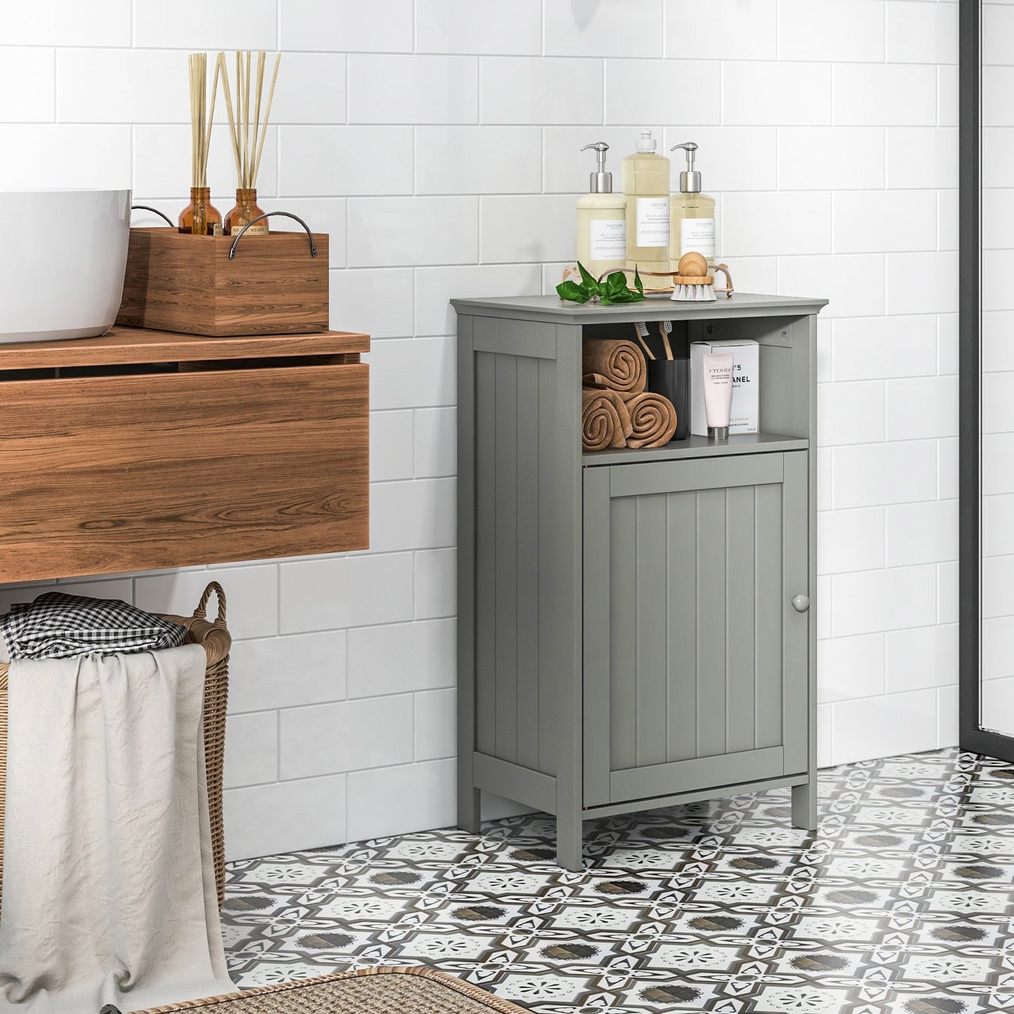 Bathroom Freestanding Floor Storage Cabinet with Adjustable Shelf-Black