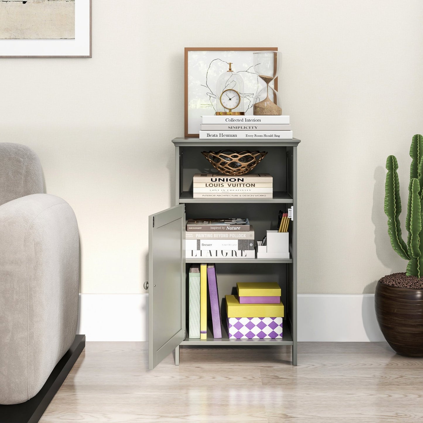 Bathroom Freestanding Floor Storage Cabinet with Adjustable Shelf-Black