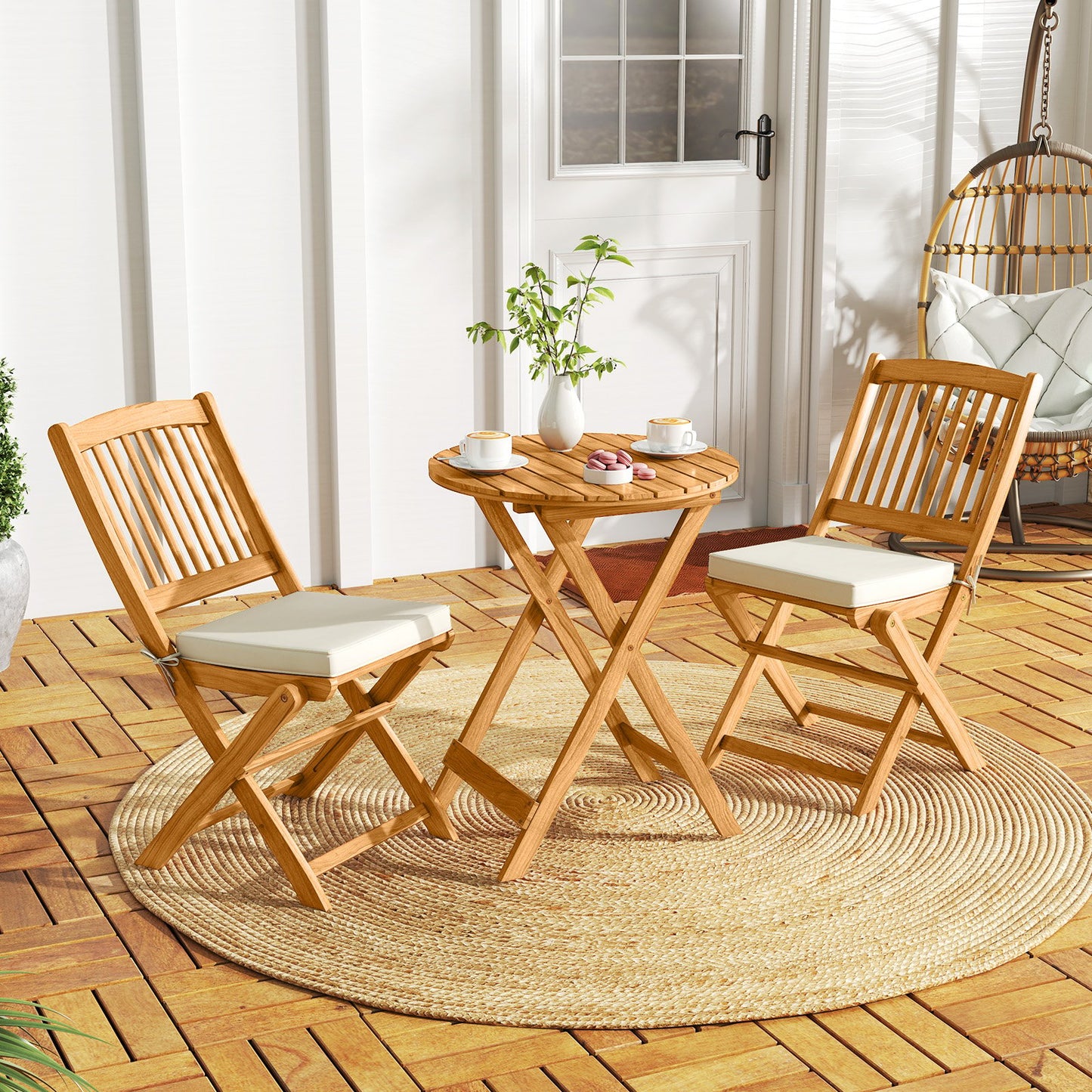 3 Pieces Acacia Wood Patio Folding Bistro Set with Soft Cushions-Beige