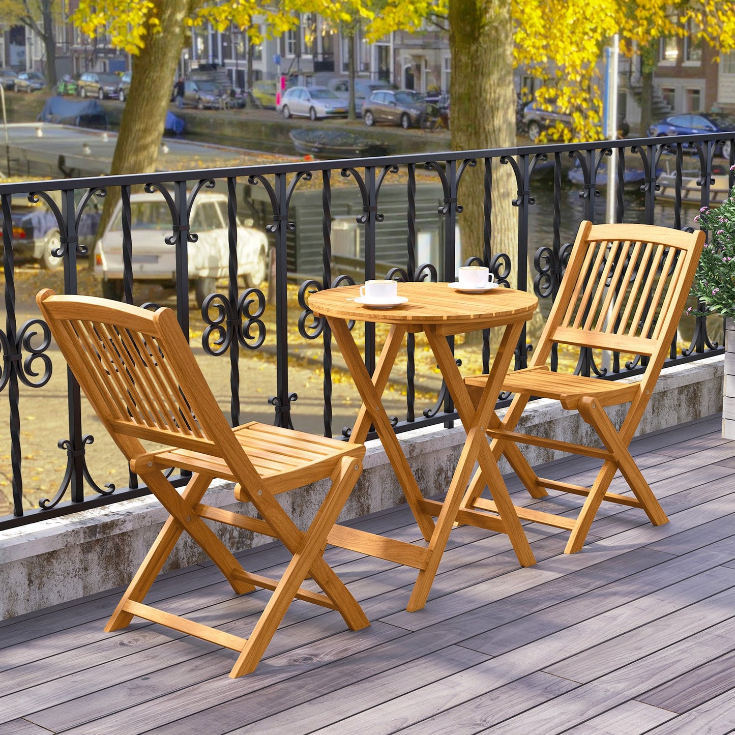 3 Pieces Acacia Wood Patio Folding Bistro Set with Soft Cushions-Beige