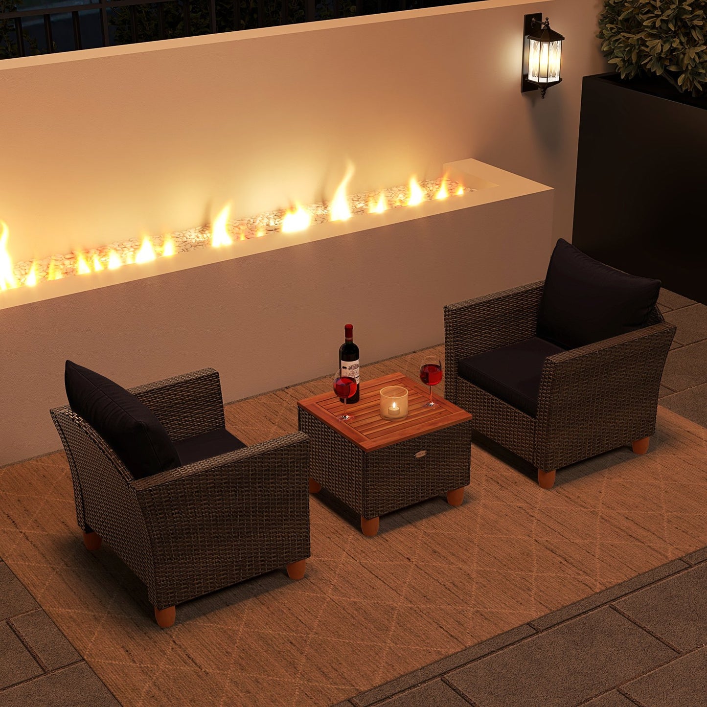 3 Pieces Patio PE Wicker Furniture Set with Cushions and Acacia Wood Storage Coffee Table-Beige