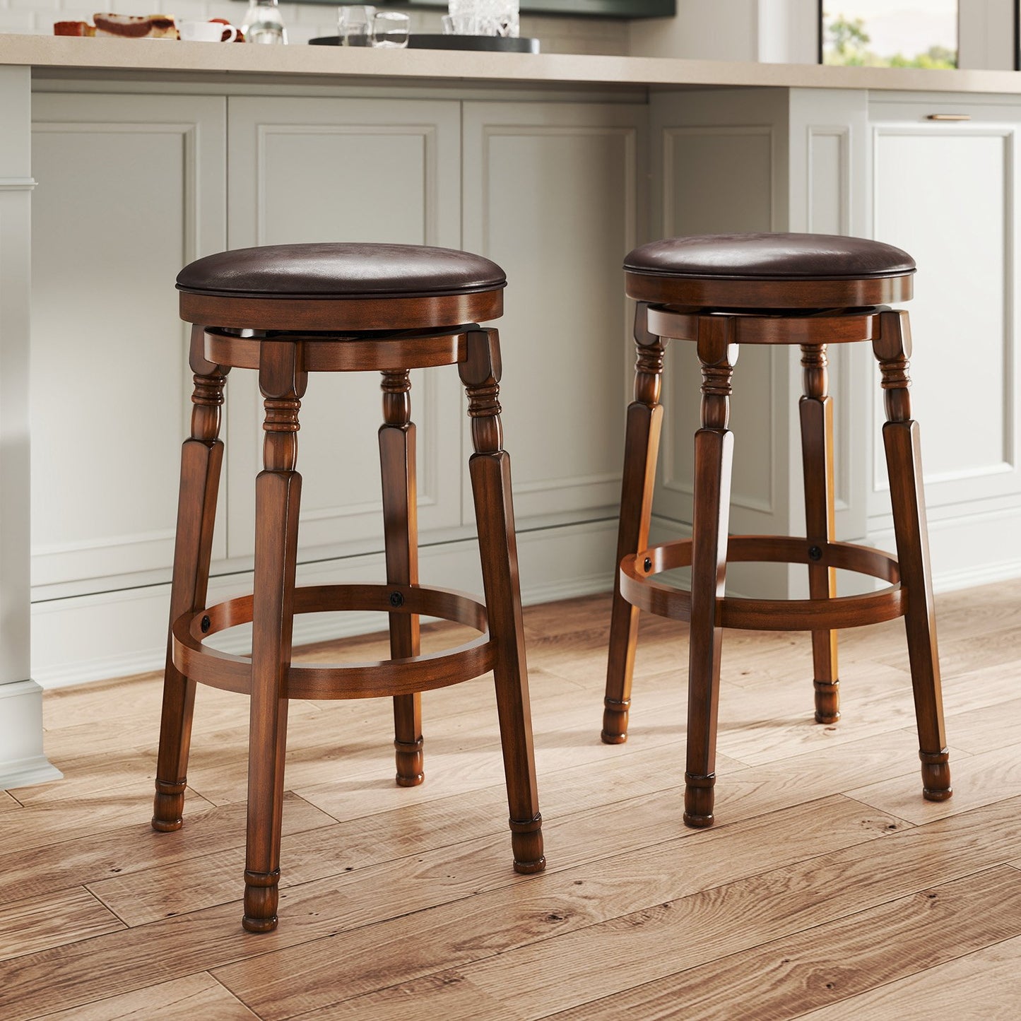 Set of 2 24-Inch Swivel Leather Padded Bar Dining Stools