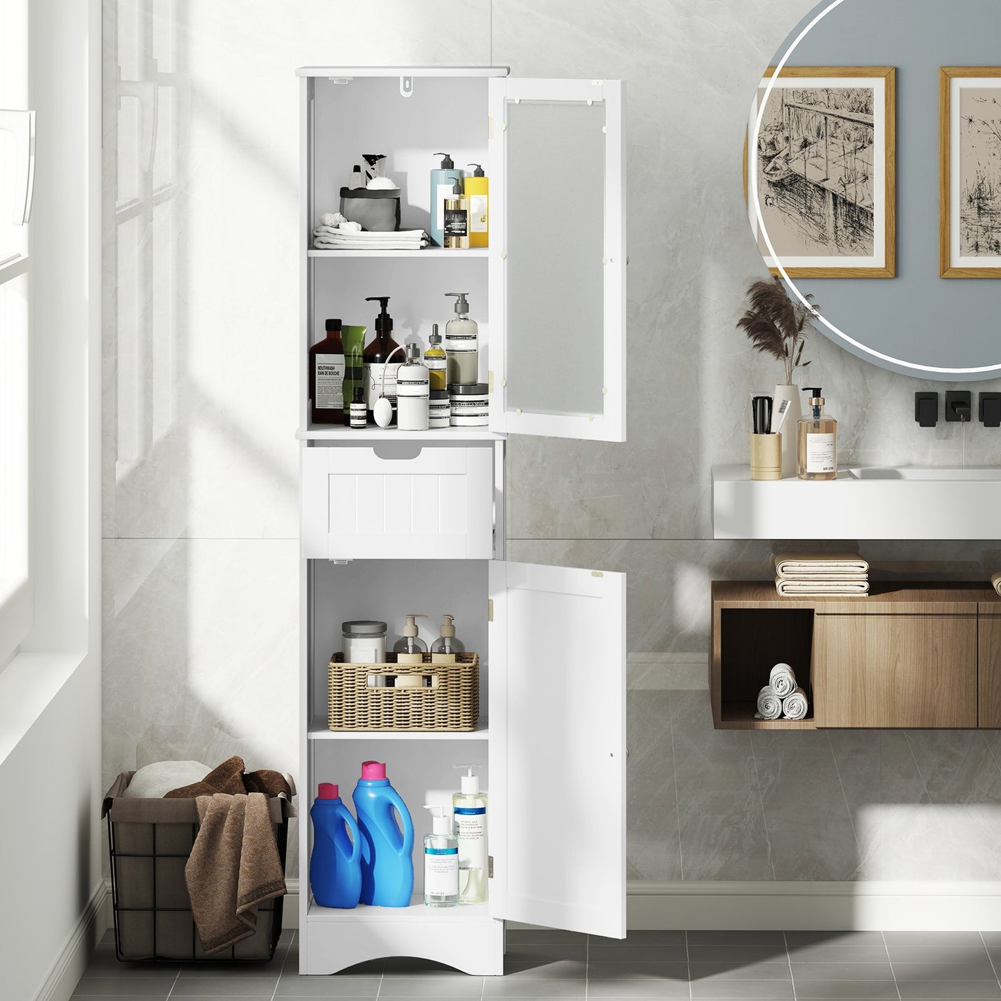 Tall Floor Storage Cabinet with 2 Doors and 1 Drawer for Bathroom-Black