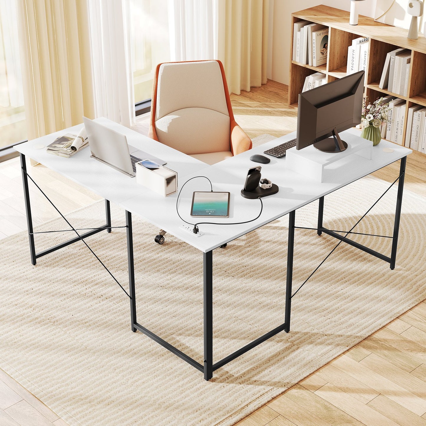 95 Inch 2-Person L-Shaped Long Reversible Computer Desk with Monitor Stand-Black
