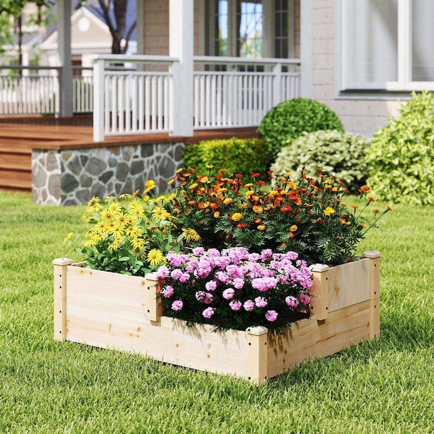 3-Tier Wooden Raised Garden Bed with Open-Ended Base-Natural