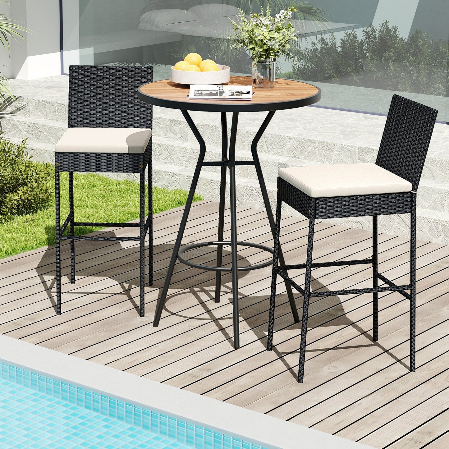 Patio Wicker Barstools with Footrest and Backrest Set of 4