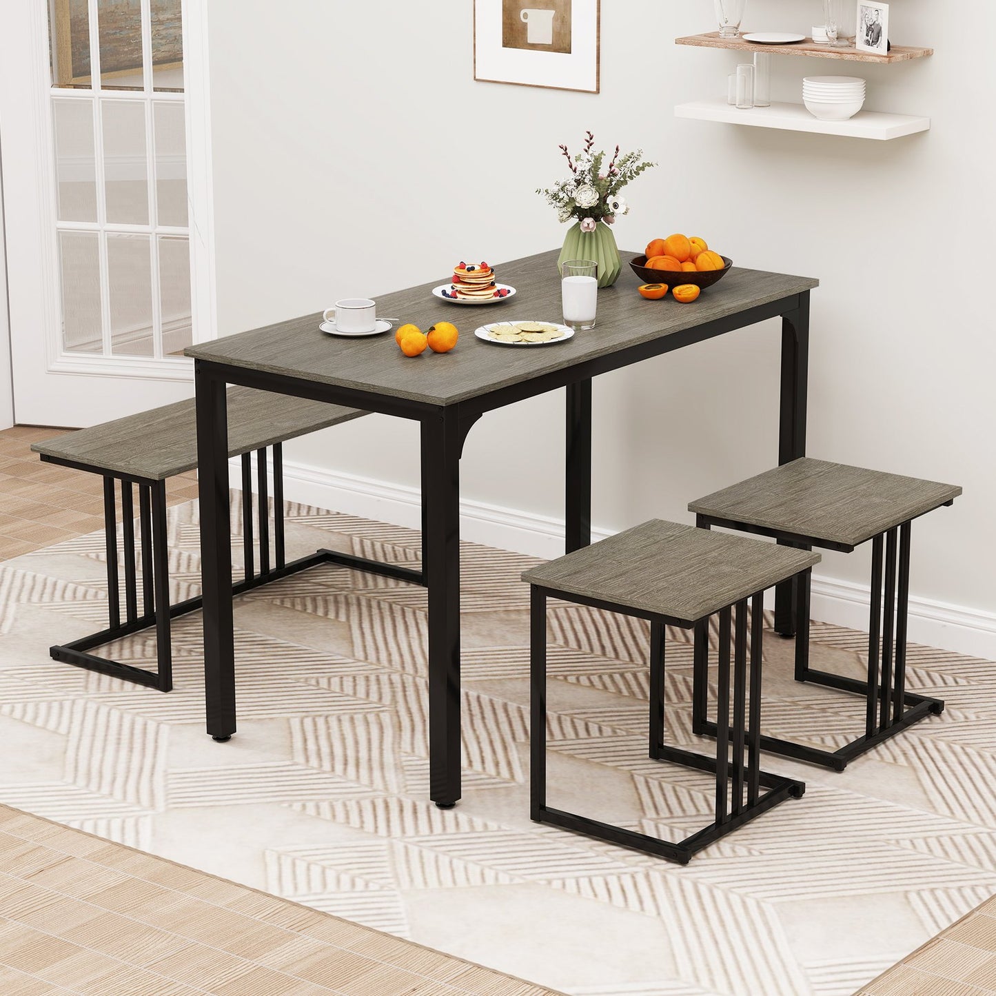 4 Pieces Industrial Dining Table Set with Bench and 2 Stools-Brown