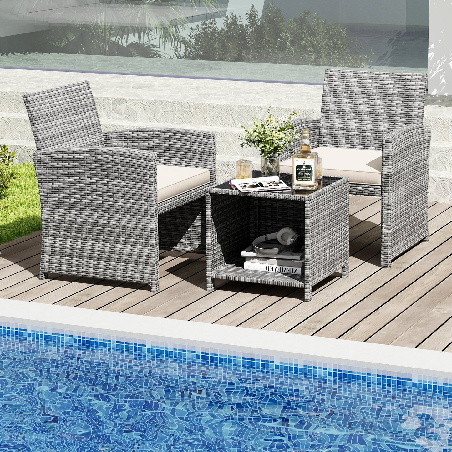 3 Pieces Patio Furniture Set with Tempered Glass Coffee Table and Soft Seat Cushions-Black