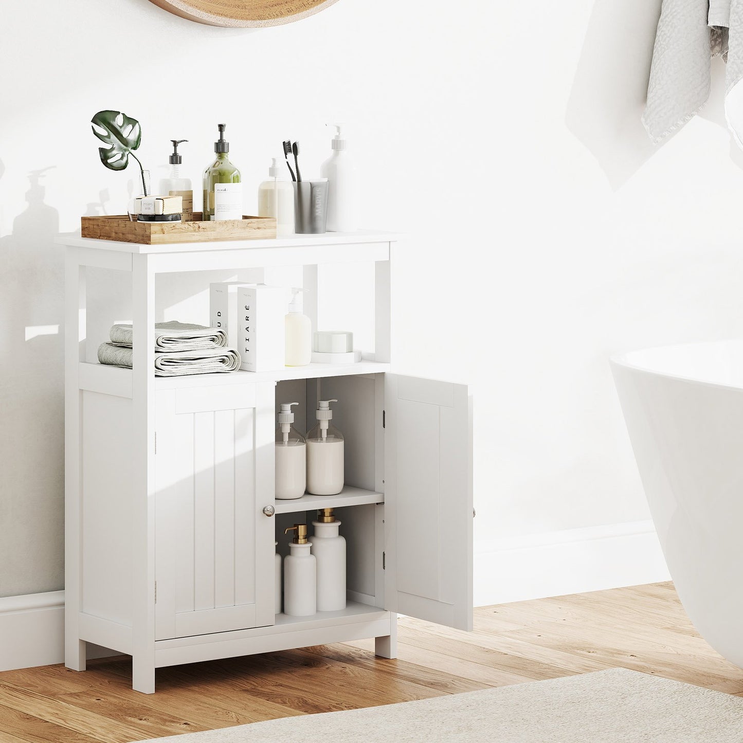 Bathroom Floor Cabinet Freestanding Storage Organizer with Open Compartment-Black