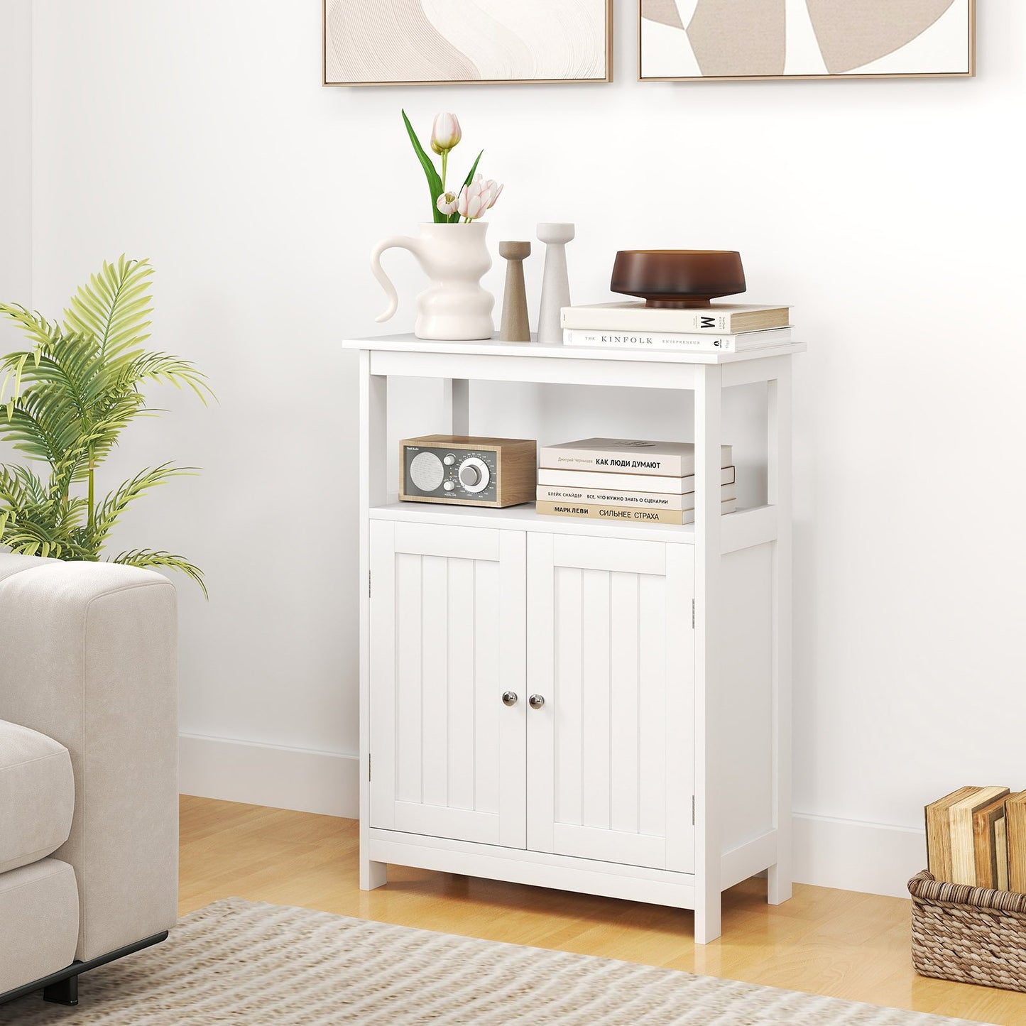 Bathroom Floor Cabinet Freestanding Storage Organizer with Open Compartment-Black